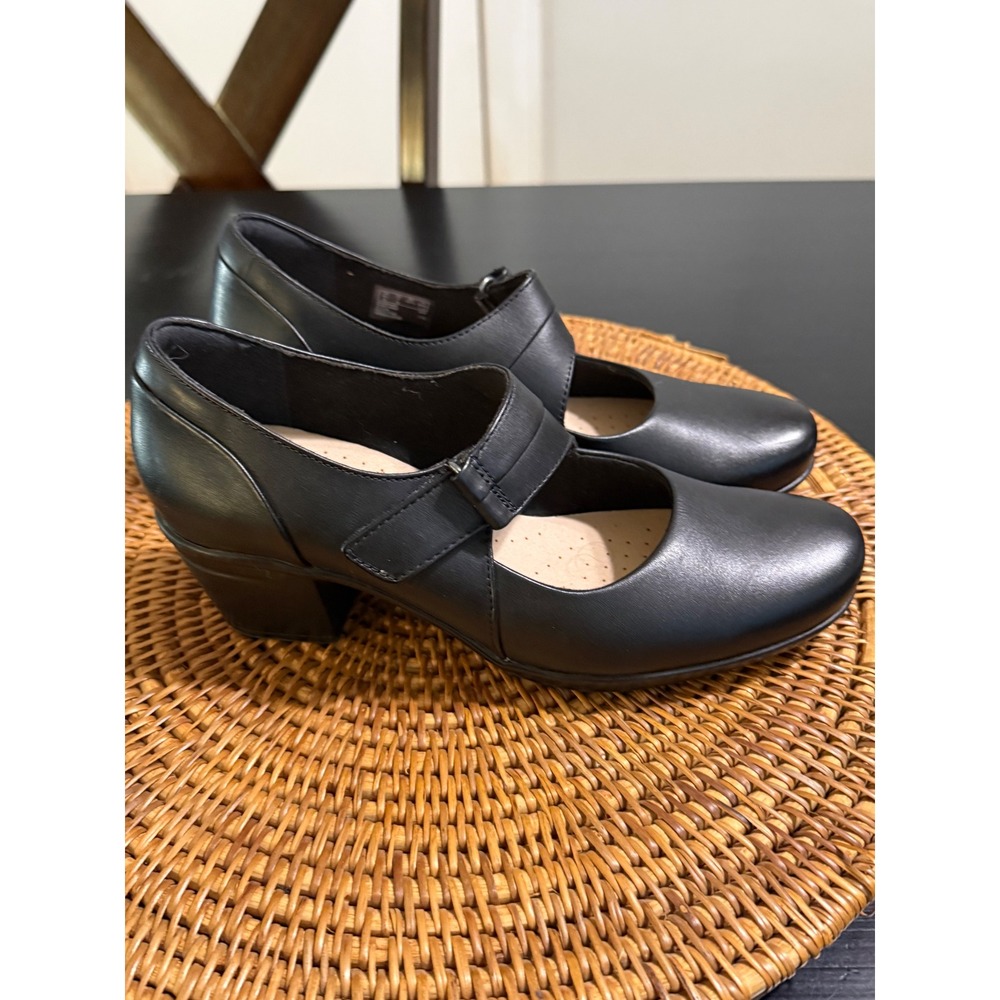 Clarks Collection Black Leather Mary Jane Block Heel Pumps 26129221 US 7 M